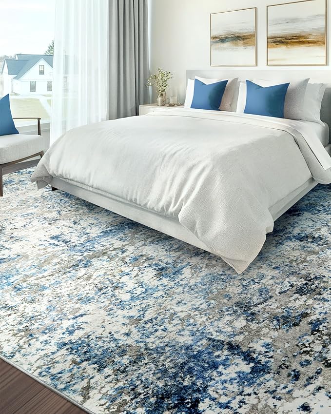 Washable Area Rug for Living Room: 6x9 Modern Abstract Neutral Soft Rug for Bedroom Dining Room No Slip Low Pile Carpet for Nursery Home Office - Grey/Blue