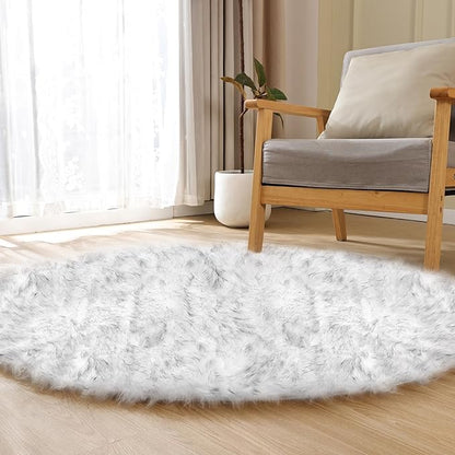 Grey and White Washable Shaggy Round Rug 5ft Circle Faux Sheepskin Furry Fur Rugs for Bedroom Nursery Rug