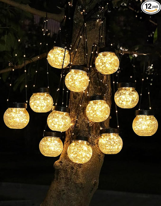 PARTPHONER Solar Lights Outdoor Waterproof 12-Pack, Solar Powered Hanging Lantern Cracked Glass Hanging Globes for Yard Decor Christmas Decoration, Shepherd Hook, Garden Tree Table Ornaments, Warm