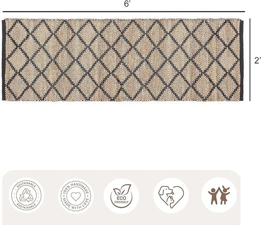 REDEARTH · Jute Cotton Area Rug, Sustainable Handwoven, Non-Shedding, Soft & Durable – Reversible, Neutral Tones for Home Décor in Living Room, Dining Room, Bedroom (Sierra Loom Black, 2'x6')