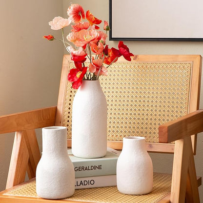 Decorative White Ceramic Vase Set for Modern Boho Home Decor – Set of 3 Textured Pottery Vases for Dried Flowers, Pampas Grass, Living Room, Shelf, or Entryway Display