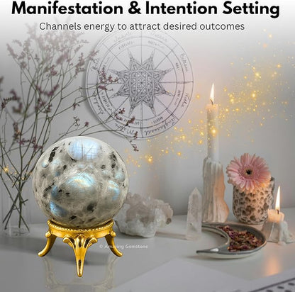 Amazing Gemstone Rainbow Moonstone Crystal Ball with Stand - 1.5 Inches Crystal Sphere Meditation Balls for Witchcraft and Decorative Balls