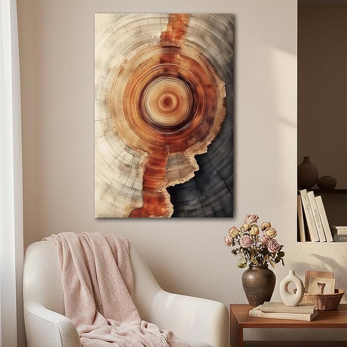 IBHJSART Framed Tree Ring Canvas Wall Art Vintage Colorful Wood Stump Painting Prints Modern Minimalist Pictures Neutral Nature Rustic Farmhouse Decor Living Room Bedroom Bathroom Office