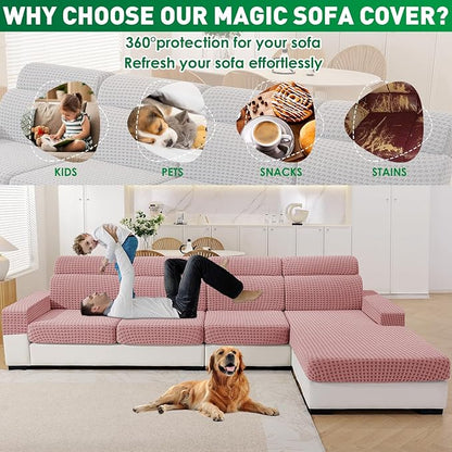 MAXIJIN Couch Cushion Covers for Sectional Sofa, Stretch Sofa Cushion Cover Washable Furniture Protector with Elastic Bottom & Non-Slip Strap for Pets Kids (3PC Seat Cover, Pink)