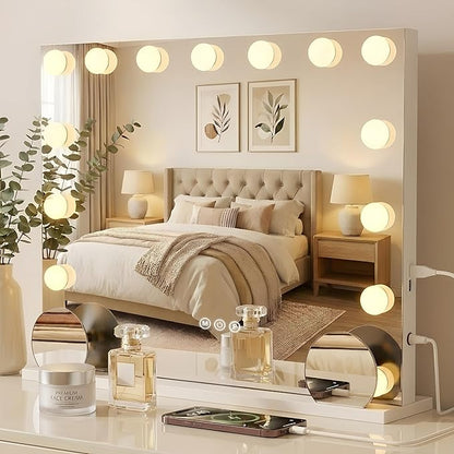 VESAUR Hollywood Vanity Mirror with 10X15X Magnification and Lights, 23"x18" Makeup Mirror with 15 Dimmable LED Bulbs, 3 Color Modes, USB/Type-C Port, Aluminum Frame, Tabletop & Wall Mount for Bedroom