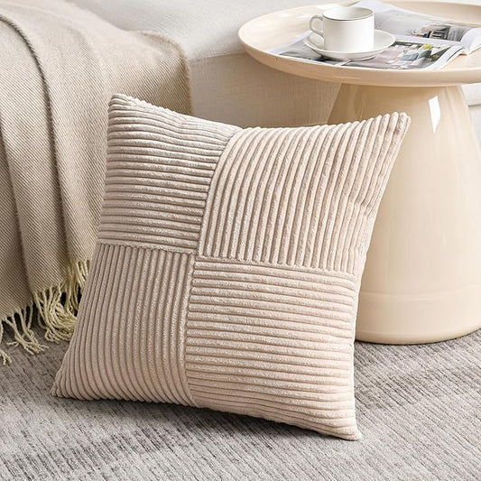 Fancy Homi 2 Packs Tan Euro Decorative Throw Pillow Covers 26x26 Inch for Living Room Couch Bed, Farmhouse Boho Home Decor, Soft Corss Corduroy Patchwork Textured Square Beige Cushion Case 66x66 cm