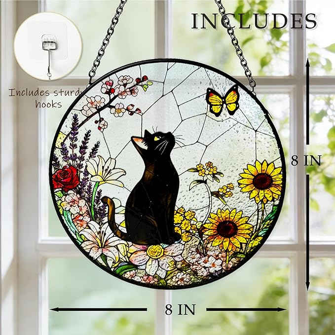Cat Stained Glass Suncatcher Window, Hanging Sun Catchers Indoor Window, Suncatcher for Mom/Women (Black)