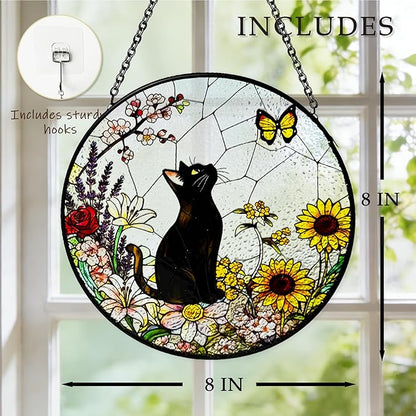 Cat Stained Glass Suncatcher Window, Hanging Sun Catchers Indoor Window, Suncatcher for Mom/Women (Black)