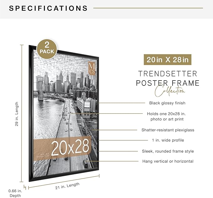 MCS Trendsetter 20x28 Poster Frame Black High-Gloss, Vertical & Horizontal Wall Hanging Large Picture Frame for Photos, Posters & Art Prints (2-Pack)