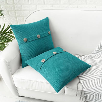HWY 50 Teal Chenille Throw Pillow Covers 22x22 Inch with Triple Buttons, Soft Farmhouse Accent Decorative Cushion Cases for Couch Sofa Bed Living Room Pack of 2