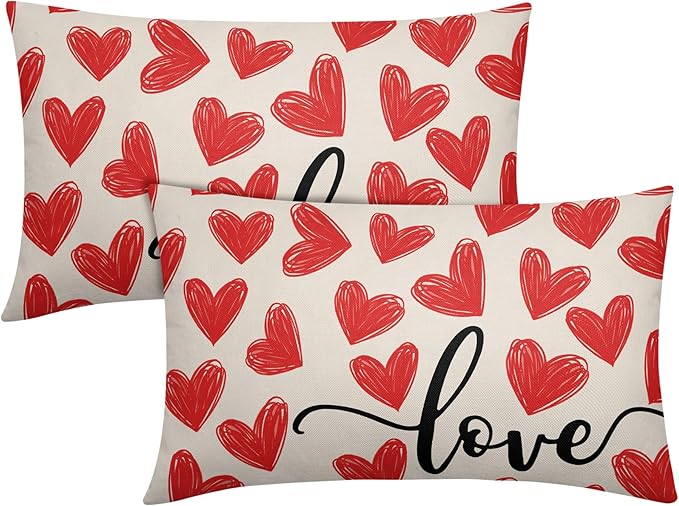 Valentines Day Pillow Covers 12x20 Set of 2 Red Heart Throw Pillow Covers Love Pillowcase Linen Decoration Farmhouse Holiday Cozy Soft Cushion Case Couch for Indoor Outdoor Home Decor
