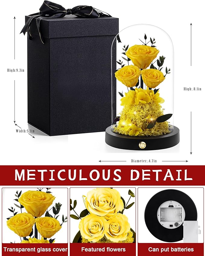 Valentines Day Flowers Roses Gifts for Her,Forever Real Preserved Roses in Glass Dome,Valentines Day Anniversary Birthday Gifts for Wife Girlfriend Women Mom Best Friend Her/Yellow Rose