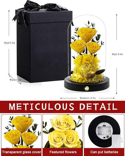 Valentines Day Flowers Roses Gifts for Her,Forever Real Preserved Roses in Glass Dome,Valentines Day Anniversary Birthday Gifts for Wife Girlfriend Women Mom Best Friend Her/Yellow Rose