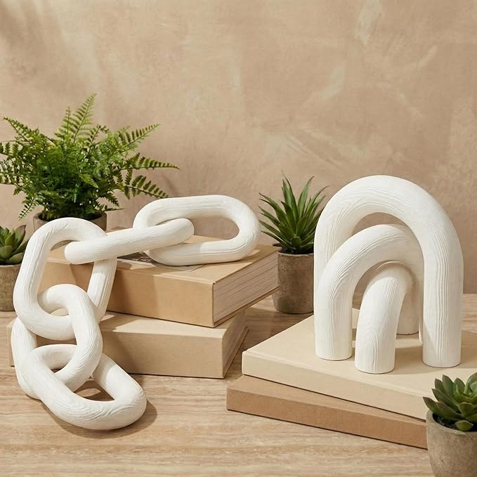 Yerliker 2 Pack Wood Chain Link and Arch Decor White Wooden Shelf Decor for Shelves, Coffee Table Sculpture, Bookshelf Accessories, Entryway Table Decorations