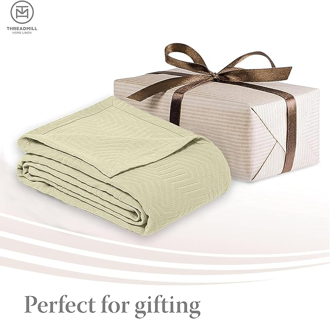 Threadmill Luxury Cotton Blankets for Twin Size Bed | All-Season 100% Cotton Twin Blanket for Bed | Aster Jacquard Lightweight, Soft & Cozy Coverlet, 350GSM, 68x90 inches | Sage Green