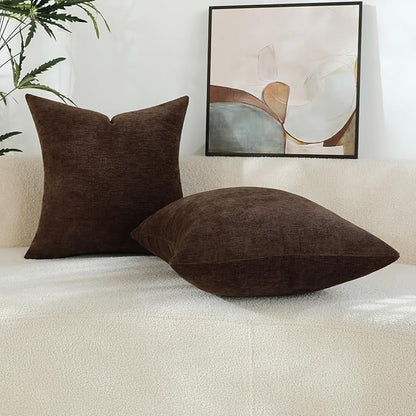 Coffee Brown Chenille Decorative Couch Throw Pillow Covers, Soft Cushion Cases for Home Livingroom Sofa Décor, Pack of 2, 20 x 20 Inches