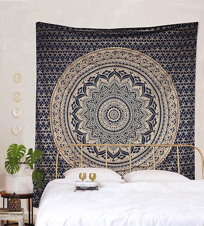 Raajsee Blue Gold Mandala Tapestry for Bedroom - Aesthetic Indie Boho Trippy Large Wall Hanging 82x92 Inches