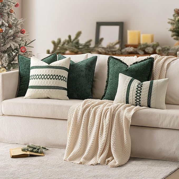 MIULEE Pack of 2 Christmas Green Couch Throw Pillow Covers 18x18 Inch Modern Boho Accent Decorative Pillow Covers Soft Chenille Farmhouse Cushion Covers for Home Decor Bed Sofa Living Room