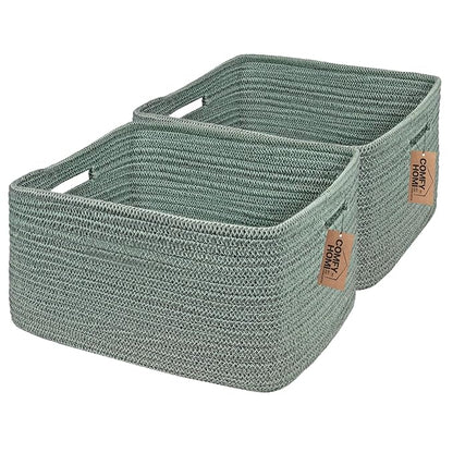 COMFY-HOMI 2 pcs Large Storage Baskets for Shelves, Laundry Basket, Woven Rope Basket, Closet Organizer Bins for Clothes Blanket Towels, Baby Nursery, Gift Toy Baskets, 17” x 13” x 7.5”-Green