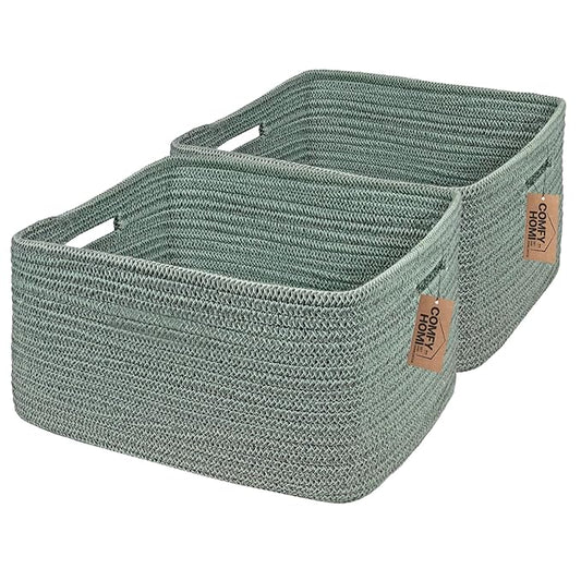 COMFY-HOMI 2 pcs Large Storage Baskets for Shelves, Laundry Basket, Woven Rope Basket, Closet Organizer Bins for Clothes Blanket Towels, Baby Nursery, Gift Toy Baskets, 17” x 13” x 7.5”-Green
