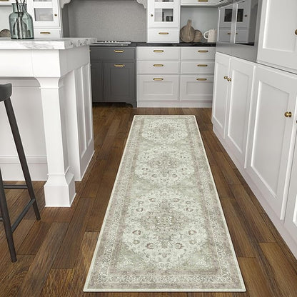 vivorug Sage Green Runner Rug 2x10 Machine Washable Rug with Non-Slip Backing, Ideal for Kitchen Hallway Entryway Laundry Room - Vintage, Durable, Easy Clean, Low Pile Carpet Runner