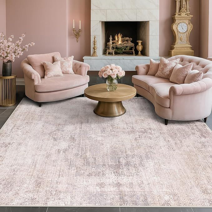 Modern 10x12 Area Rug for Living Room - Large Bedroom Rug Under Bed, Pink and White Distressed Medallion Pattern, Ultra Soft Washable Non Slip Lightweight Thin Foldable