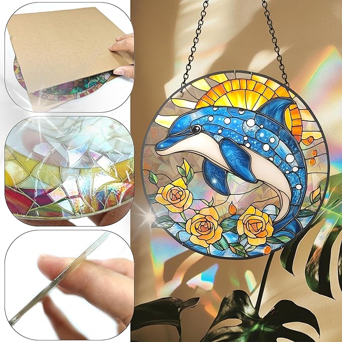 VAIIEYO Dolphin Acrylic Sun Catcher Window Hanging Decoration, 7.8 Inch Double-Sided Light Reflecting Ornament for Window, Garden, Porch or Balcony Decor, Housewarming, Gift for Natural Lovers