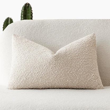 Foindtower Textured Boucle Throw Pillow Covers Accent Solid Lumbar Pillow Cases Cozy Soft Decorative Couch Cushion Case for Chair Sofa Bedroom Living Room Home Decor, 12 x 20 Inch,Light Beige