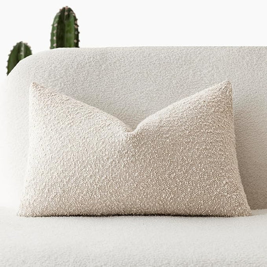 Foindtower Textured Boucle Throw Pillow Covers Accent Solid Lumbar Pillow Cases Cozy Soft Decorative Couch Cushion Case for Chair Sofa Bedroom Living Room Home Decor, 12 x 20 Inch,Light Beige