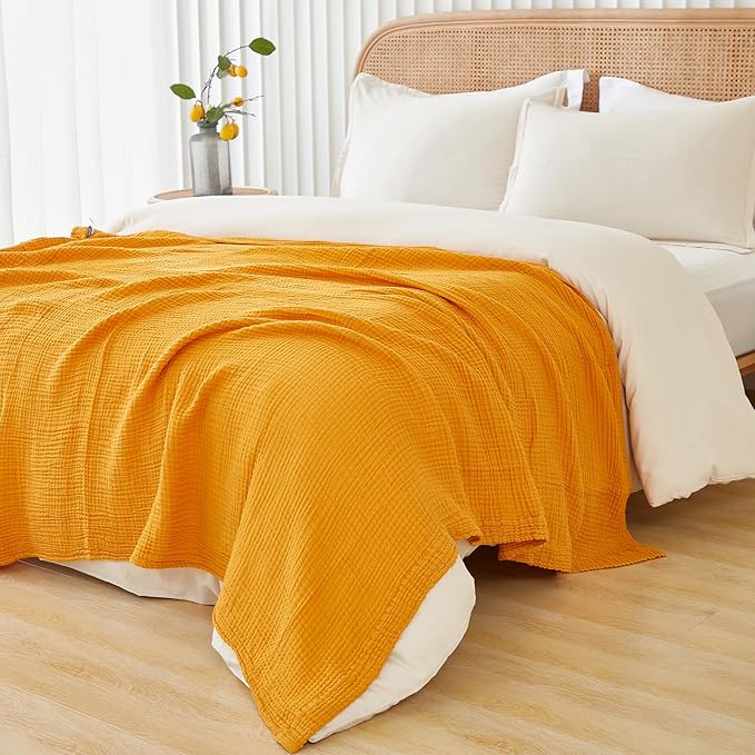 EMME Cotton Muslin King Blanket Bed Layering Breathable Gauze Blanket Soft Lightweight Blankets Adults (Mustard Yellow, 108"x90")