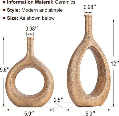 Gold Ceramic Hollow Elliptical Vase Set of 2 - Boho Circle Vase with Hole, for Modern Gold Table Decor, Living Room Decor Shelf mid Century Modern Home Entrance Decorative vase