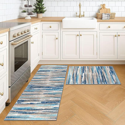 Modern Abstract Kitchen Rug Set of 2, 2x3 and 2x5 Blue Washable Rug Runner Non Slip Kitchen Mat, Soft Faux Wool Throw Carpet for Entryway, Hallway, Bedroom, Bedside, Laundry Room, Office