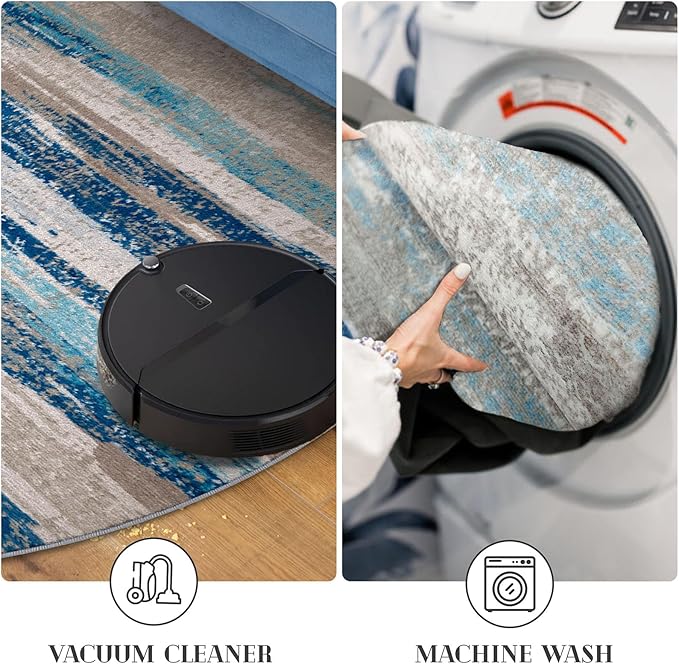 Modern Abstract Round Rug 6Ft, Blue Round Rug Washable Non-Slip Soft Small Circle Rug, Circular Dining Room Rugs Thin Print Faux Wool Carpet for Bedroom Living Room Office Playroom