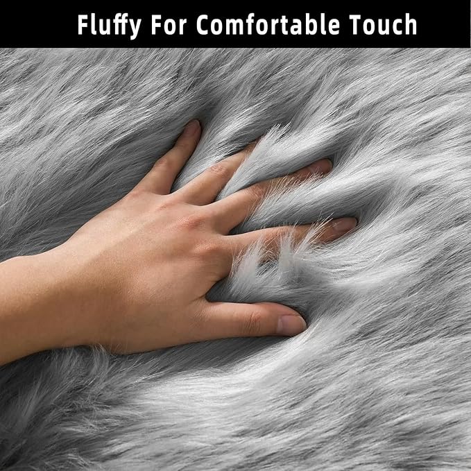 Grey Faux Fur Sheepskin Area Rug for Living Room Bedroom, 6 x 6 Feet Ultra Soft Shaggy Fuzzy Furry Carpet Chair Throw Large Rugs for Kids, Girls, Nursery Room Decor Dorms