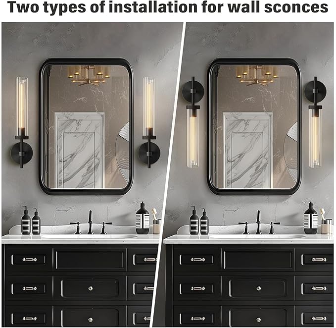 Black Wall Sconces Set of Two, Brass 19.48'' Knurled Texture Wall Light Fixtures, Bathroom Vanity Light Fixtures with Clear Glass, Modern Wall Lamp for Bathroom Living Room Hallway (Bulb Included)