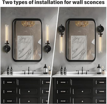Black Wall Sconces Set of Two, Brass 19.48'' Knurled Texture Wall Light Fixtures, Bathroom Vanity Light Fixtures with Clear Glass, Modern Wall Lamp for Bathroom Living Room Hallway (Bulb Included)