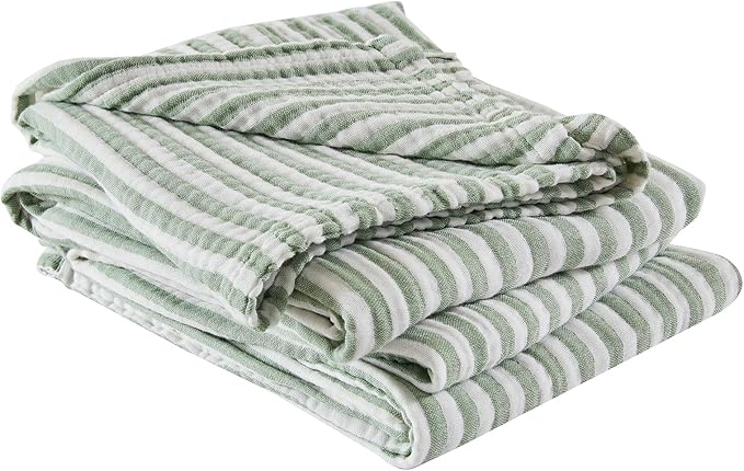 EMME Cotton Muslin Twin Blanket Breathable Gauze Soft Lightweight Adults Gifts for Women (Striped Sage Green, 60"x80")