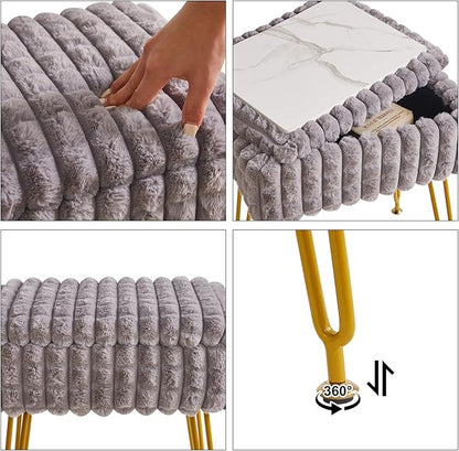 IBUYKE Rectangle Vanity Chair with Storage Space, Footrest Footstool Ottoman, Vanity Stool, Dressing Table Chair, with Anti-Slip Feet, for Makeup Room, Bedroom, Square Grid Pattern, Grey WBD004G