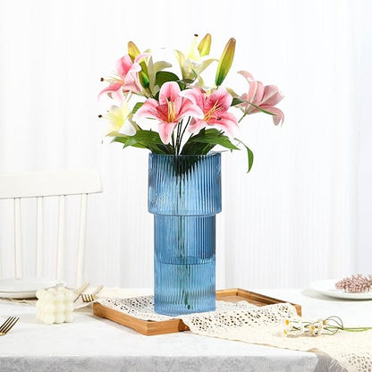 Large Glass Vase, 12 Inches Tall Vase for Flowers, Blue Flower Vases for Bouquet, Modern Blue Glass Vases for Living Room, Dining Table, Office, Entryway, Mantle, Shelf, Wedding Gifts