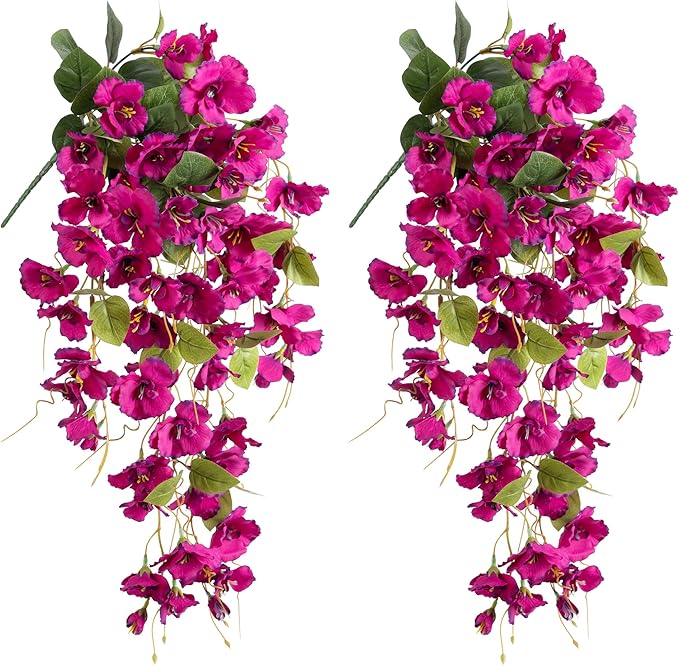 Fake Hibiscus Artificial Hanging Flowers Plants for Outdoors Spring Decoration, 4pcs Silk Hibiscus Vines Realistic UV Resistant Faux Flowers for Outside Planter Porch Patio Yard Wedding Party, Fuchsia