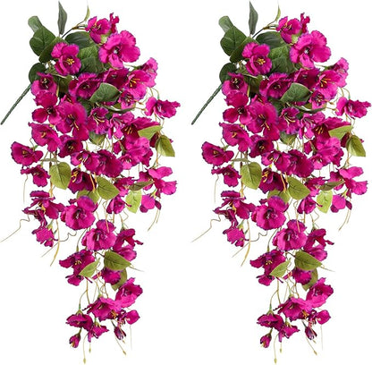 Fake Hibiscus Artificial Hanging Flowers Plants for Outdoors Spring Decoration, 4pcs Silk Hibiscus Vines Realistic UV Resistant Faux Flowers for Outside Planter Porch Patio Yard Wedding Party, Fuchsia