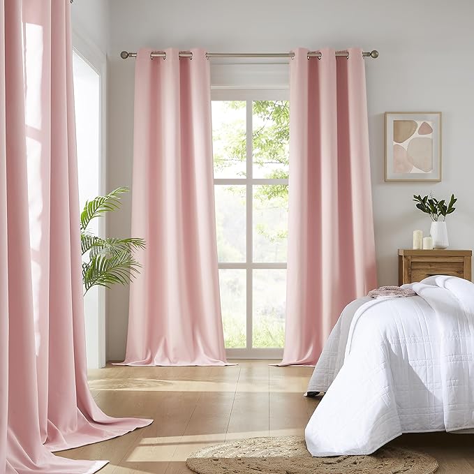 DUALIFE 80 Inch Privacy Curtains 2 Panels - Room Darkening Drapes for Girls Bedroom Thermal Insulated Grommet Curtain Panel Pair 34 x 80 Inches Long Baby Pink