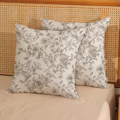Tan Khaki Pillow Covers 18x18 Set of 2 Vintage Floral Chinoiserie Throw Pillows Rustic Toile Flower Decorative Pillowcase Outdoor Chinoiserie Decor Farmhouse Linen Cushion Case for Couch Sofa
