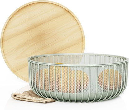 Metal Wire Mesh Fruit Baskets with Wooden Lid - Fly-Proof Indoor Solution for Fresh Fruits - Covered Fruit Bowl - Produce Cover Against Flies for Banana, Tomato and Vegetables - Green
