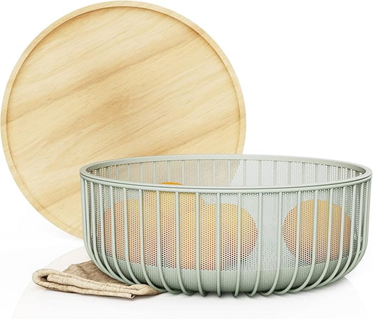 Metal Wire Mesh Fruit Baskets with Wooden Lid - Fly-Proof Indoor Solution for Fresh Fruits - Covered Fruit Bowl - Produce Cover Against Flies for Banana, Tomato and Vegetables - Green