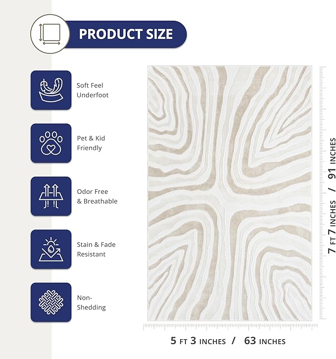 Abani Beige Area Rug - 5' x 8' - Living Room & Bedroom - Abstract Wave Design - Indoor Use - Easy to Clean, Stain Resistant, Non-Shedding - Neutral Collection
