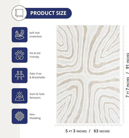Abani Beige Area Rug - 5' x 8' - Living Room & Bedroom - Abstract Wave Design - Indoor Use - Easy to Clean, Stain Resistant, Non-Shedding - Neutral Collection