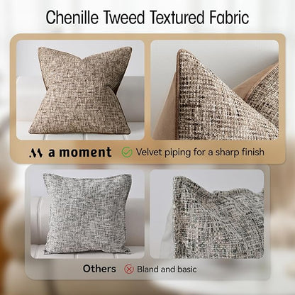 a moment Brown Reversible Pillow Covers 2 Pack - Farmhouse Chenille Throw Pillows, Neutral Textured Decorative Throw Pillow Covers with Border for Couch Sofa Bed (12x20 Inch, No Insert)