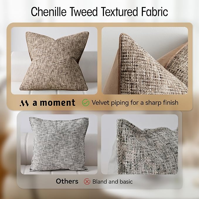 a moment Brown Reversible Pillow Covers 2 Pack - Farmhouse Chenille Throw Pillows, Neutral Textured Decorative Throw Pillow Covers with Border for Couch Sofa Bed (20x20 Inch, No Insert)