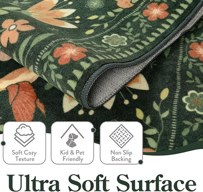 Moynesa Floral Bird Round Rug 6ft Washable Circle Rug Non Slip,Modern Cottage Green Area Rugs for Bedroom Reading Coner,Farmhouse Living Dining Room Aesthetic Carpet Vintage Home Decor